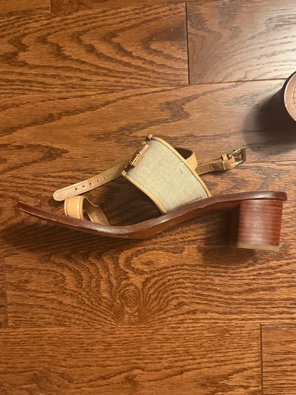 Tory Burch Tan Leather & Canvas Logo-Buckle Sandals
